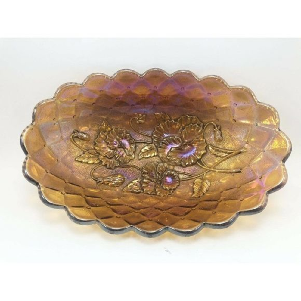 Imperial Pansy Marigold Carnival Glass Dish 8.5" Bowl Quilt Amber‎ Scallop Edge